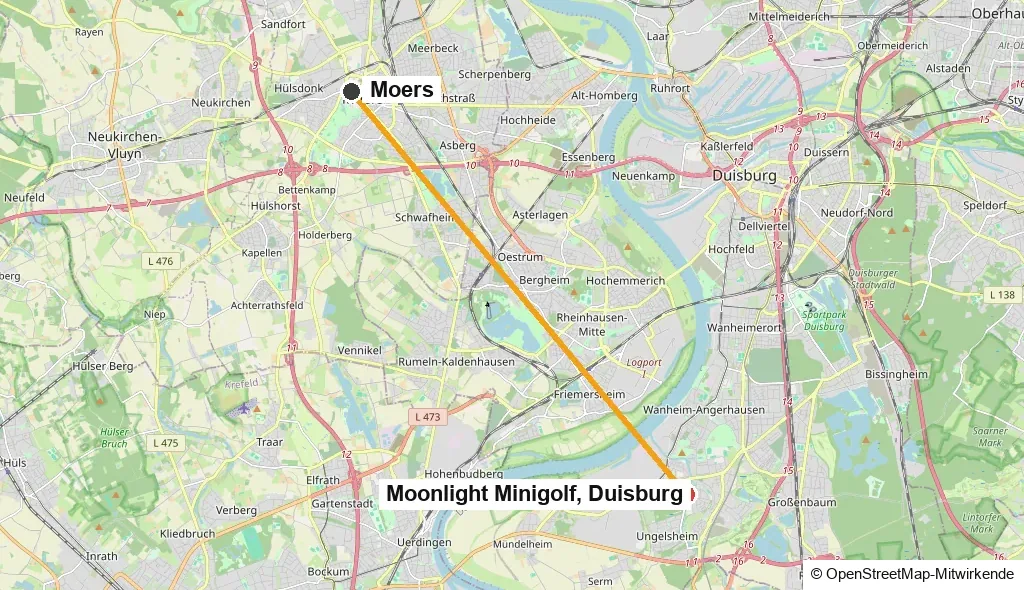 Karte mit Moers im Westen und dem Moonlight Minigolf im Süden von Duisburg
